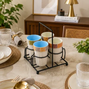 PASTEL KULHAD STLE CERAMIC CUP SET OF 4 WITH METAL STAND