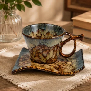 BROWN HEART SHAPE CUP WITH SAUCER