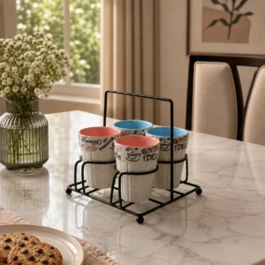 KULHAD STYLE CERAMIC CUP SET OF4 WITH METAL STAND