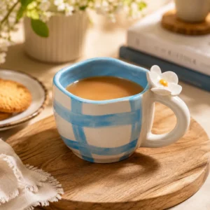 BLUE CHECK MUGS WITH LILY HANDLE