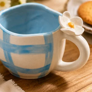 BLUE CHECK MUGS WITH LILY HANDLE