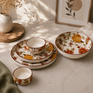 ORANGE FLORAL RIM DINNER SET