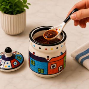 HANDCRAFTED CERAMIC CONDIMENT JAR WITH SPOON