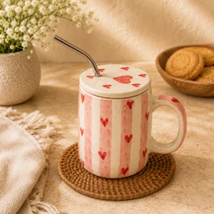 CUPIDS HEART MUG WITH LID AND STRAW