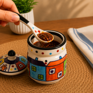 HANDCRAFTED CERAMIC CONDIMENT JAR WITH SPOON
