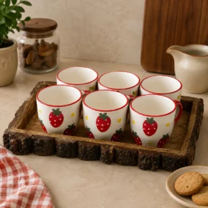 STRAWBERRY CUPS WITH WOODEN TRAY SET OF 6