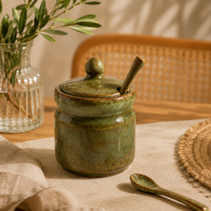 OLIVE GREEN CERAMIC CONDIMENT JAR WITH SPOON