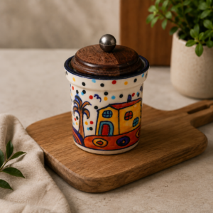 HANDPAINTED HUT JAR WITH AIRTIGHT WOODEN LID