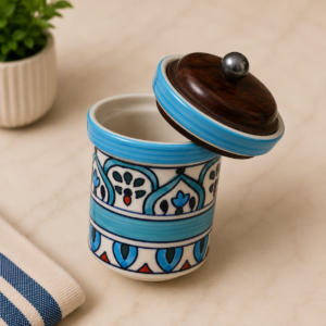 AUQA BLUE HANDPAINTED JAR WITH AIRTIGHT WOODEN LID