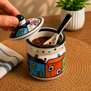 HANDCRAFTED CERAMIC CONDIMENT JAR WITH SPOON