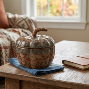 BROWN stone effect PUMPKIN CERAMIC JAR WITH LID
