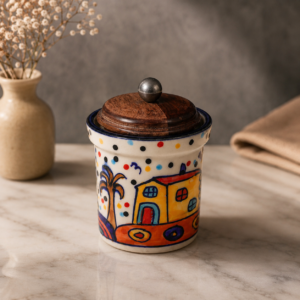 HANDPAINTED HUT JAR WITH AIRTIGHT WOODEN LID