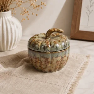 BROWN STONE EFFECT PUMPKIN CERAMIC JAR WITH LID