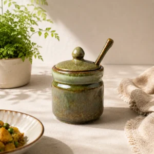 OLIVE GREEN CERAMIC CONDIMENT JAR WITH SPOON