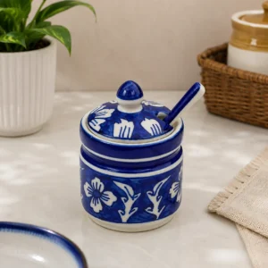 BLUE FLORAL CERAMIC CONDIMENT JAR WITH SPOON