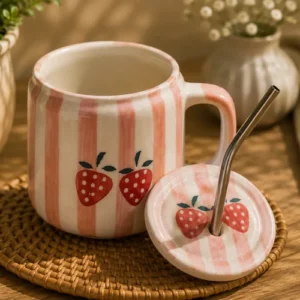 STRAWBERRY BLISS MUG WITH LID AND STRAW